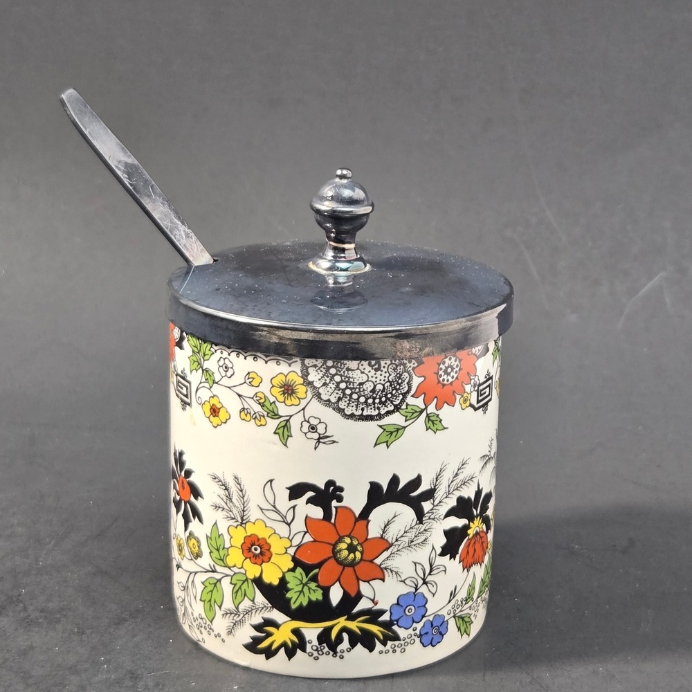 Royal Norfolk Staffordshire England Floral Jam Pot EPNS Lid and Spoon Vintage